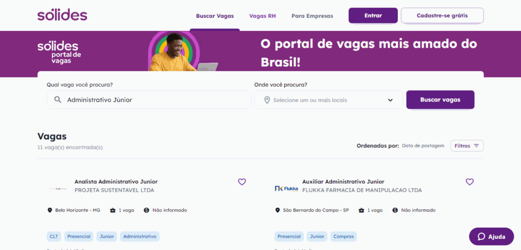 tela inicial das etapas do portal de vagas